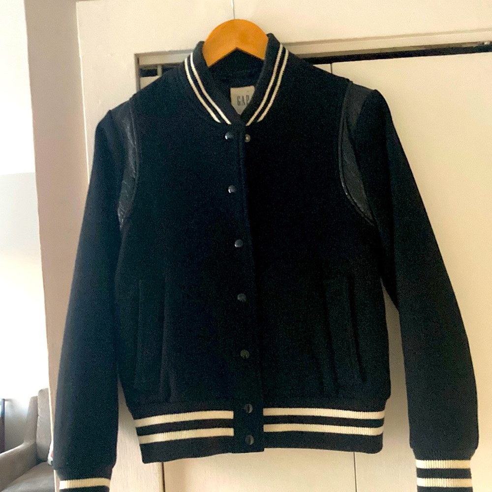 Gap Varsity Jacket with Patent Lamb Leather Detail.